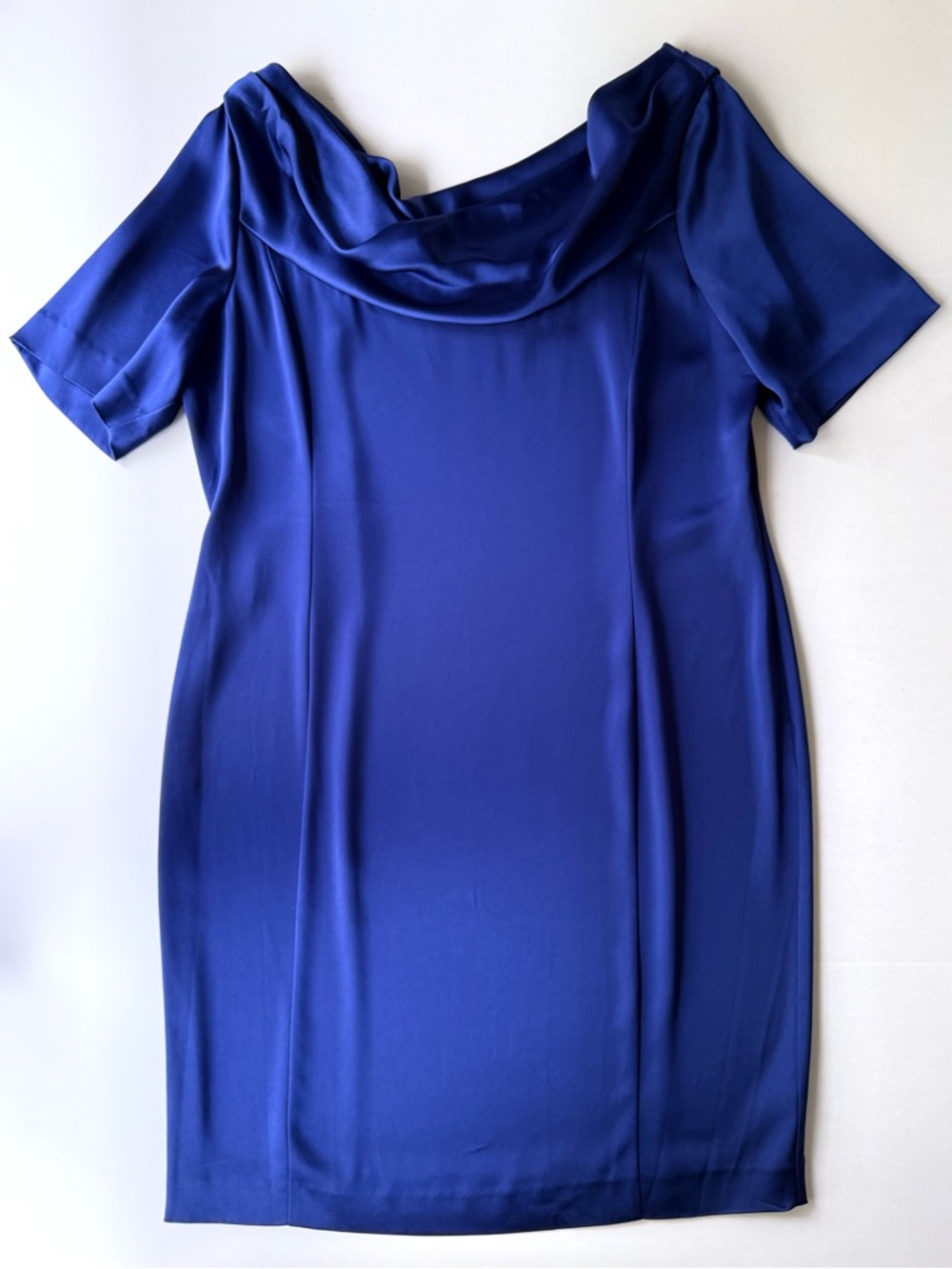 St. John Satin Drape Neck Sheath Cocktail Evening Dress Rich Royal Navy Blue 16